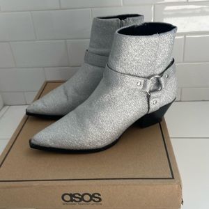 ASOS Silver Glitter Harness Western Ankle Boots